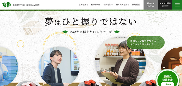 飲食業界 採用サイト 事例_株式会社京樽 新卒採用サイト デザイン 寿司 回転レーン